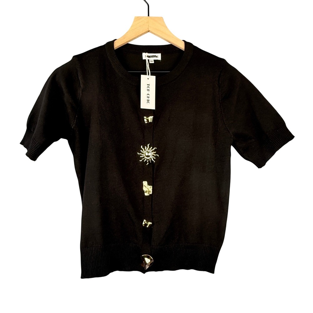 Top Chic Cardigan Sweater Women One Size Black Short‎ Sleeve Gold Celestial Sun